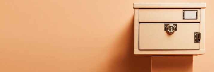 A beige mailbox with a blank label and a silver handle is mounted on a peach-colored wall.