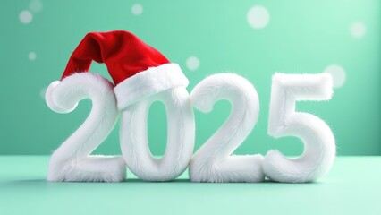 Soft and furry white 2025 New year with a red Santa hat on a pastel green background.