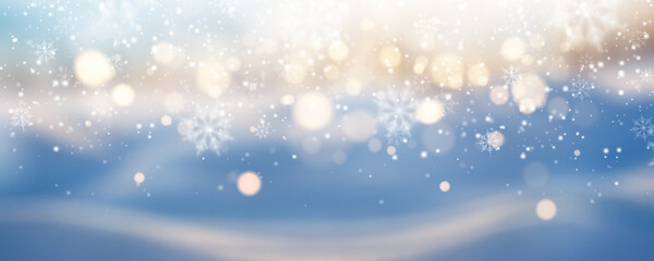 Naklejka premium Snowflakes On Snow With Bokeh Of Christmas Lights