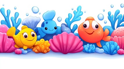 Colorful cartoon fish and coral reef seamless pattern.