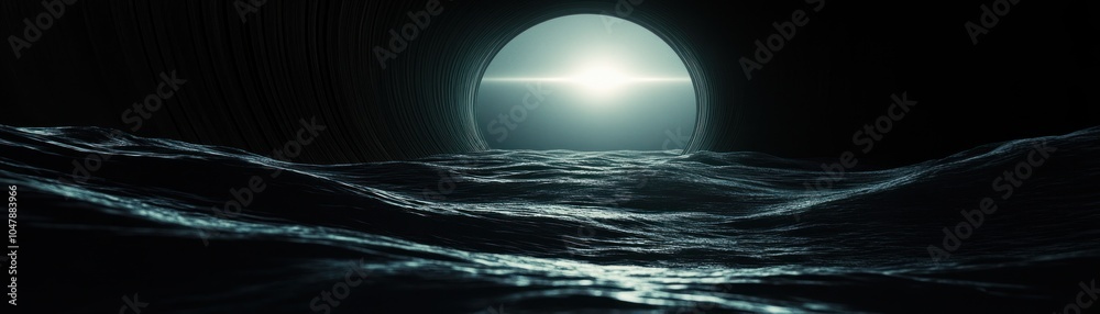 Canvas Prints a bright light shines through a circular opening in a dark, rocky surface, illuminating a turbulent 