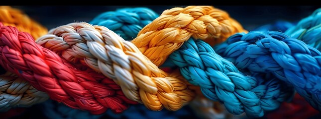 Colorful Ropes and Knots Symbolizing Teamwork and Strength in Diversity