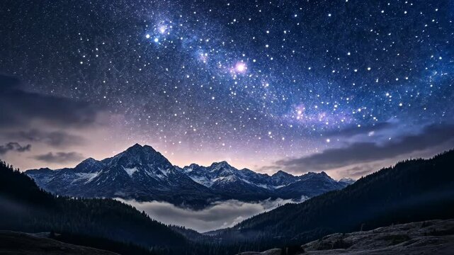 The Milky Way stretches across the night sky above the snow-capped mountains