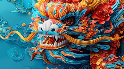 vibrant chinese dragon in paper-cut style with open mouth