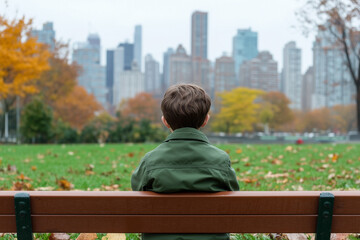 Fototapeta premium rear view of child sitting alone on wooden bench looking at autumn city skyline with fall foliage