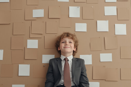 young boy in business suit sitting against wall with paper notes background