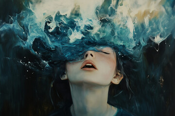 surreal portrait of woman with eyes closed in mystical blue smoke