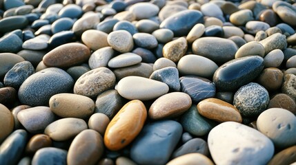A close-up shot of smooth, colorful pebbles on a beach.