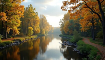 Fototapeta premium Autumns tranquil embrace A serene river journey