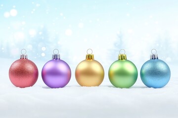 Christmas banner or greeting card design. Christmas tree balls on snow background. Wide Xmas banner mockup, header, flyer