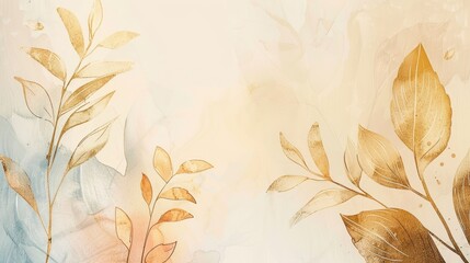 Abstract Watercolor Background with Golden Leaf Patterns