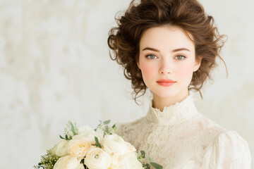Obraz premium vintage bridal portrait with white roses bouquet in natural light against beige background