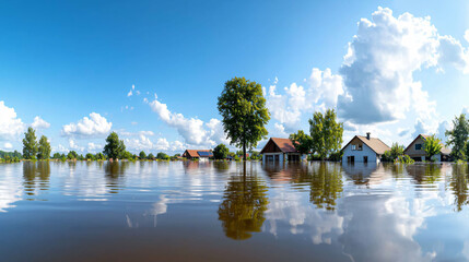 Obraz premium serene panoramic view of countryside flooded landscape with submerged houses and trees