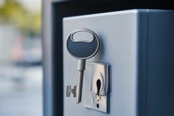 A silver key is inserted into the keyhole of a grey metal box.