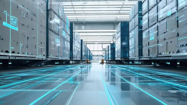 Witness seamless looped 3D animation futuristic warehouse filled parcels automated storage solutions cardboard boxes digital codes ideal logistics technology es parcel loop box automatic
