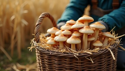  Autumn harvest  A basketful of fresh mushrooms