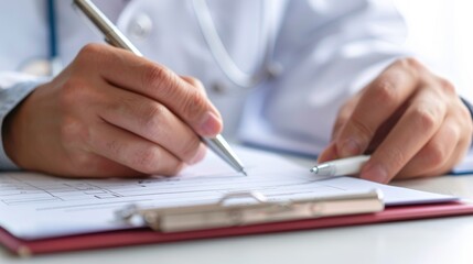 Fototapeta premium Closeup of Doctor's Hands Filling Out a Medical Form