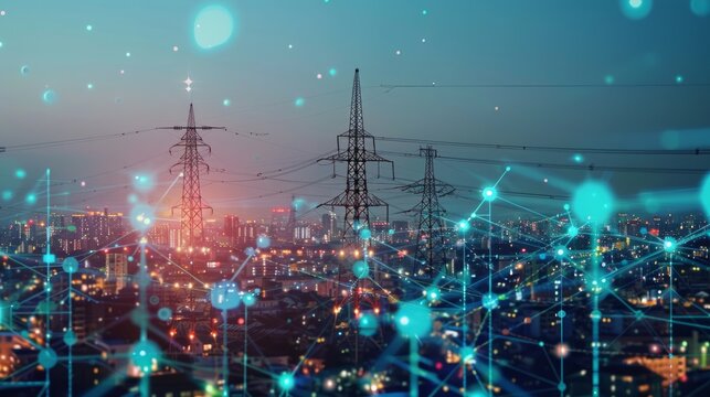 Cityscape with Power Lines and a Digital Network Overlay