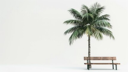 Fototapeta premium A solitary wooden bench beneath a palm tree against a white background