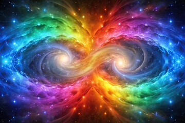 Symmetrical rainbow-colored galaxies merging in cosmic dance