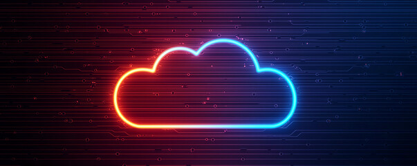 Serverless cloud systems, glowing neon circuits, abstract digital data flow