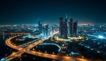Fototapeta premium Vibrant cityscape at night illuminated by lights and reflections on the water