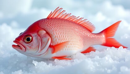 Obraz premium Fish out of water A vibrant red fish in a snowy landscape