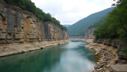 Fototapeta premium Natural beauty A serene river nestled between towering cliffs