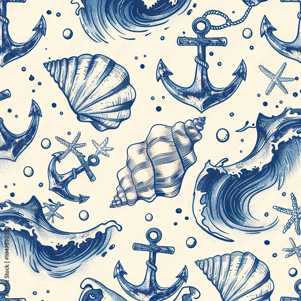 Aufkleber nautical patterns showcase a variety of shells, anchors, and waves, creating a cohesive marine-inspi