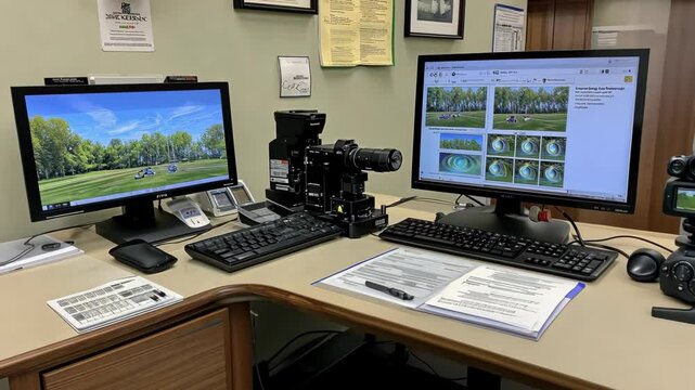 A desk with two computers, a camera, and a video camera, showing a golf course - Powered by Adobe