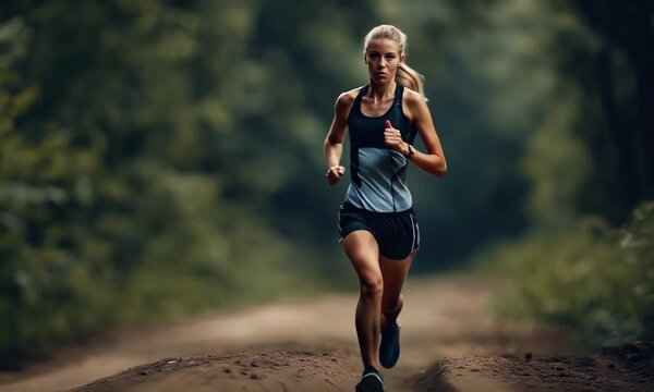Athletic woman jogging on a forest trail