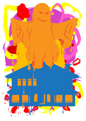 Halloween Ghost and House Graffiti tag. Abstract modern street art decoration performed in urban painting style.