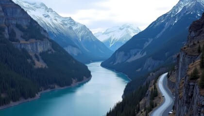 Obraz premium Majestic mountain valley with winding road and serene lake