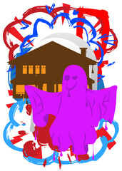 Halloween Ghost and House Graffiti tag. Abstract modern street art decoration performed in urban painting style.