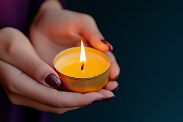 A warm candle flickers in a person's hands, casting a soft glow and creating a serene atmosphere.