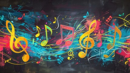 Colorful brushstrokes swirl around musical notes on a chalkboard, creating an inspiring atmosphere...