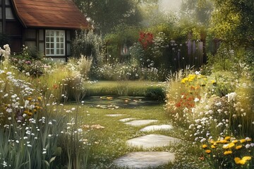Fototapeta premium A serene garden path leads to a cozy cottage, surrounded by blooming flowers and lush greenery, bathed in soft, warm light.