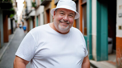 Plus size senior man wearing white t-shirt and white bucket hat standing in a city alley