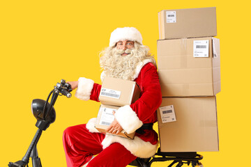 Santa Claus rides electric scooter with parcels on yellow background