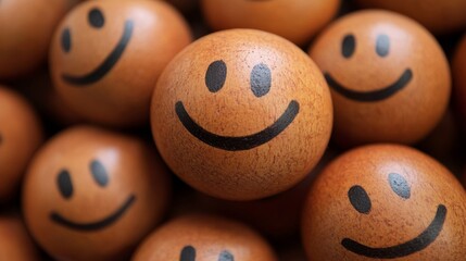 Fototapeta premium A close-up of wooden balls with painted smiley faces, creating a cheerful and playful atmosphere.