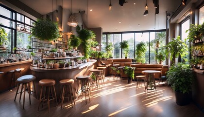 Fototapeta premium Seasonal plants bring variety to the cafe's atmosphere. 