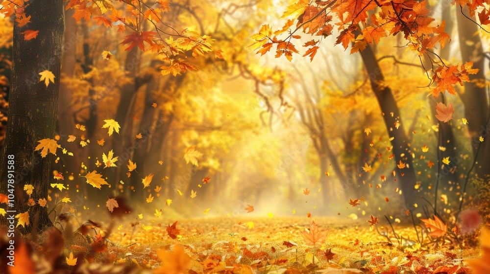 Aufkleber wander through a beautiful autumn forest filled with golden light and vibrant leaves, creating a ser