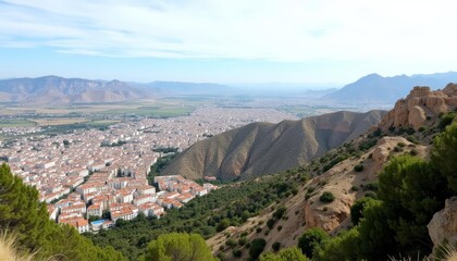 Naklejka premium Panoramic view of a city nestled in a valley surrounded by mountains