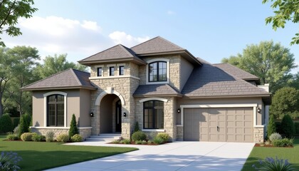  Elegant twostory house with stone accents and a welcoming front porch