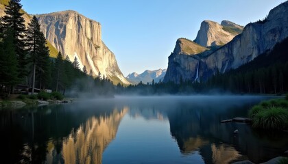  Tranquil mountain lake with majestic cliffs