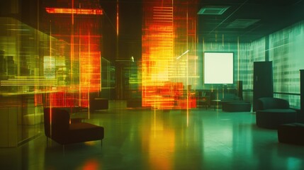 Naklejka premium Futuristic office interior with glowing lines and a blank screen.