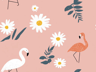 Naklejka premium A playful floral pattern featuring white daisies, green leaves, and pink flamingos on a soft peach background.