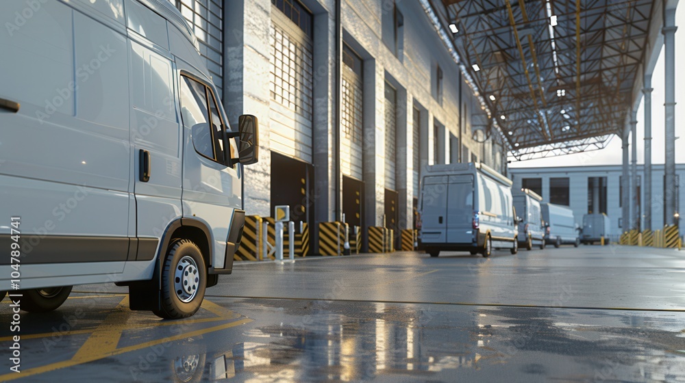 Leinwandbilder several trucks and vans are parked inside a spacious warehouse, awaiting loading with goods for dist