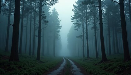 Obraz premium Enchanted Pathway in a Misty Forest