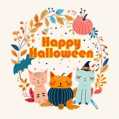 Happy Halloween template or party invitation card background with pumpkins, bat, decorated with flowers and leaves, "Happy Halloween" logo on the center, with a bright and playful feel